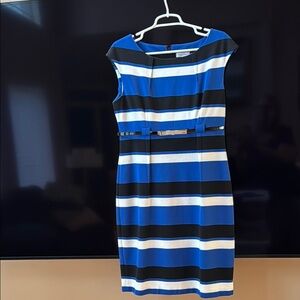 Calvin Klein Black, Blue and White Stripe Sheath Dress